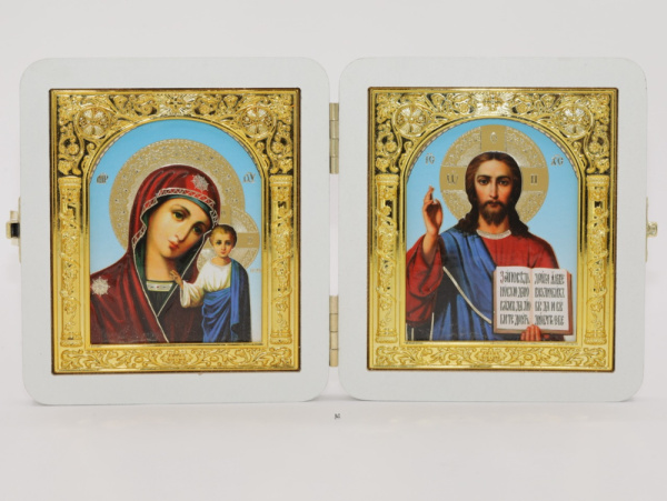 Складень (ERM) 10x12, БЕЛЫЙ золотая АРКА, Спаситель - Казанская (Академ, гол)